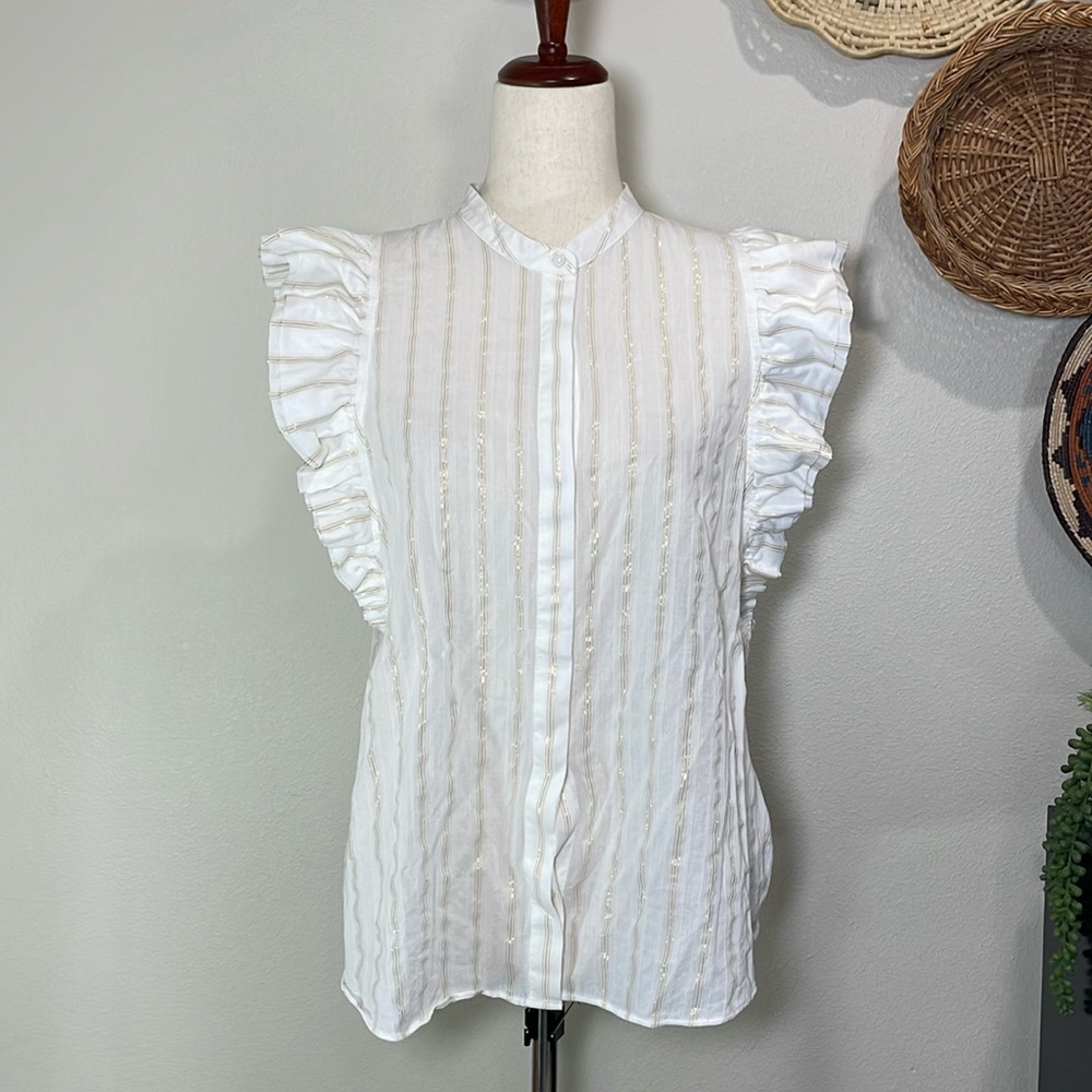 Express Flutter Sleeve Button Up Gramercy Shirt Blouse White Gold Stripes Large
